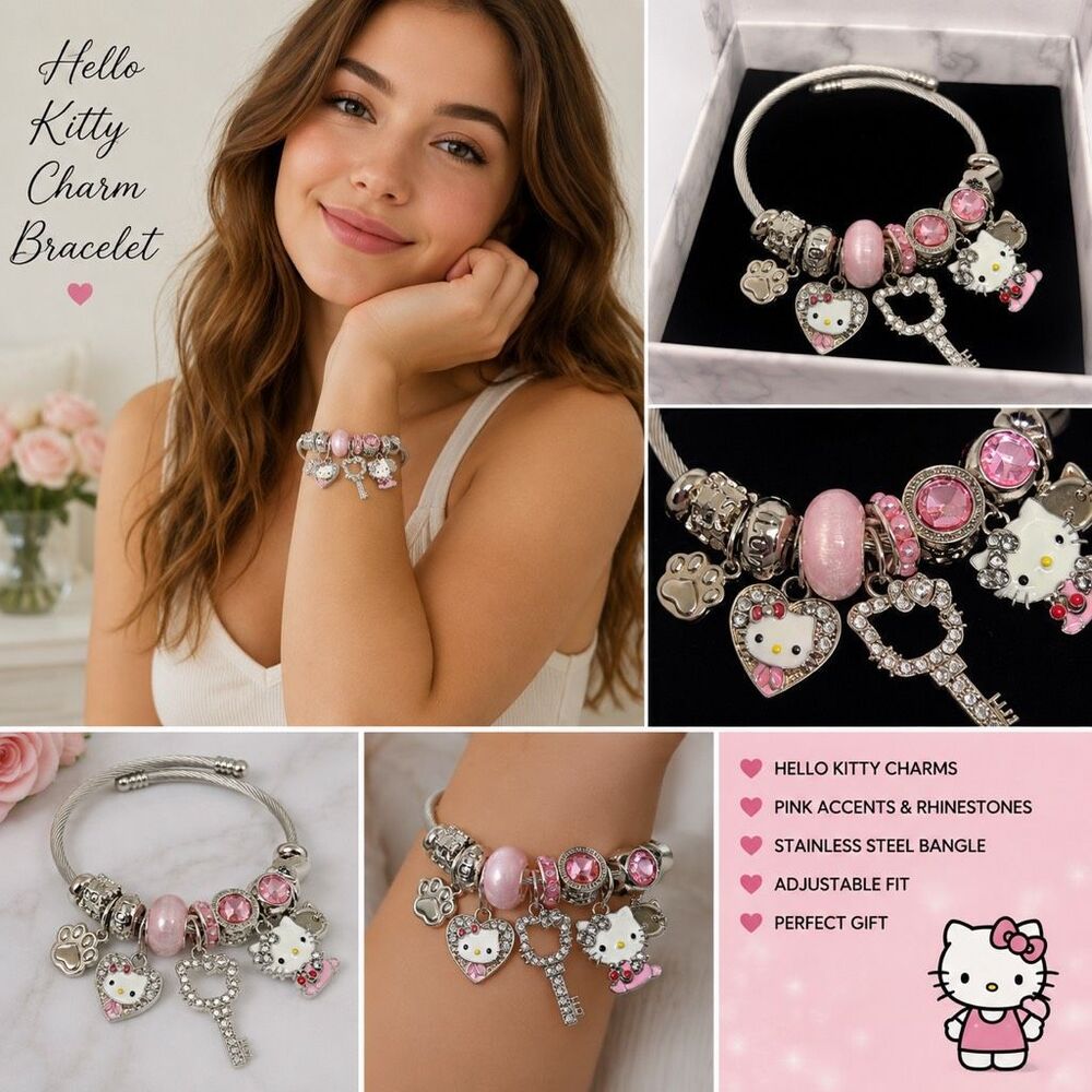 Hello Kitty Pink Rhinestone Charm Bracelet Silver Tone